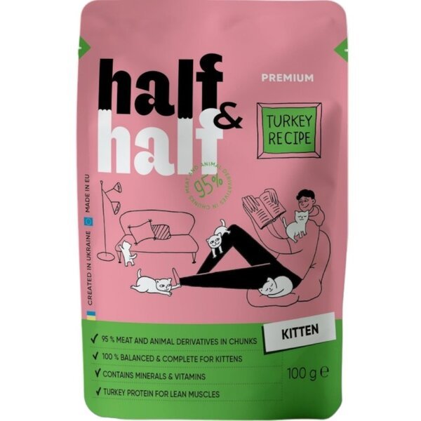 Корм влажный Half&Half для котят, кусочки с индейкой в желе в форме пауча, 100 г