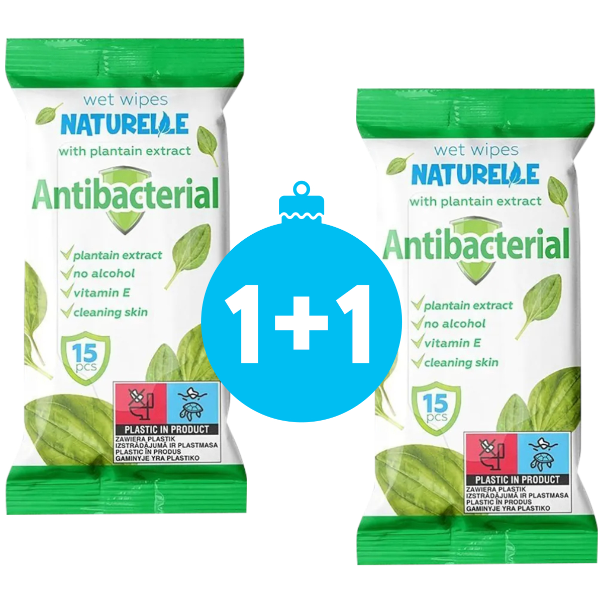 Антибактериальные влажные салфетки Naturelle с экстрактом подорожника 15 шт фото 1