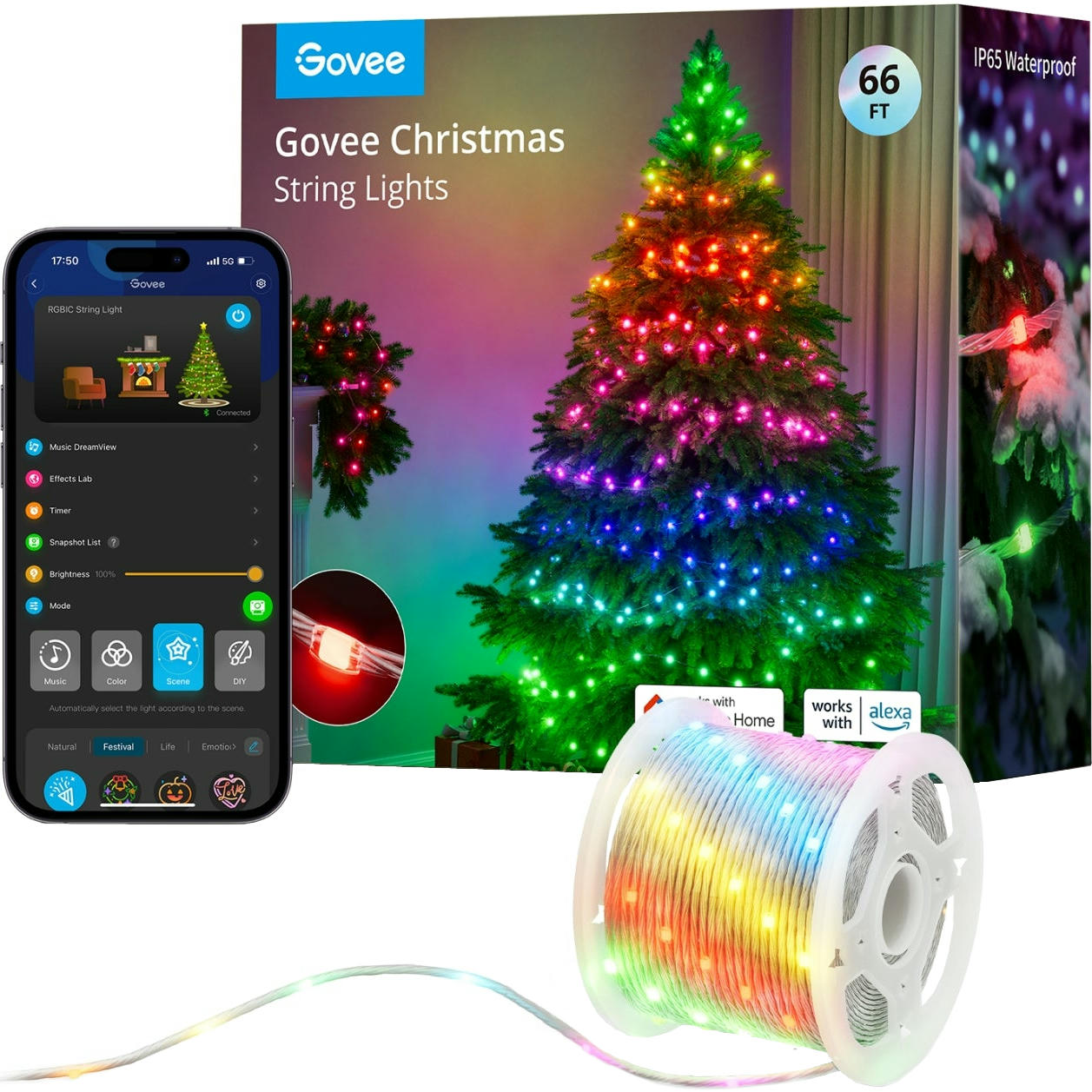 Гірлянда Smart LED Govee H70C2 Christmas Light RGB, IP65, 20м, прозорий кабель (H70C23D1)фото