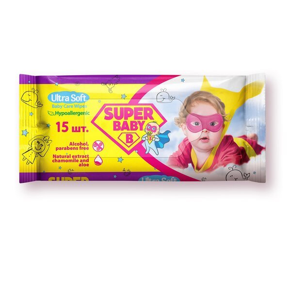 

Влажные салфетки Super Baby SuperPack sensetive ромашка и алоэ 15шт