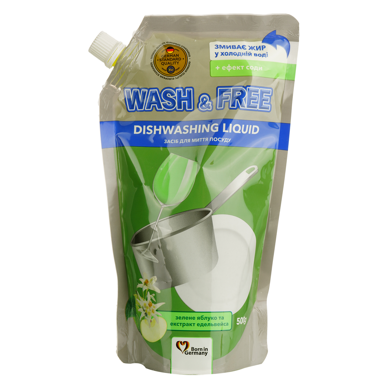 Средство для мытья посуды Wash&Free зеленое яблоко и экстракт эдельвейса дойпак 500мл фото1