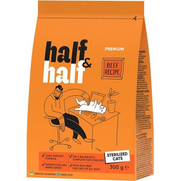 

Сухой корм для стерилизованных котов Half&Half с говядиной 300г
