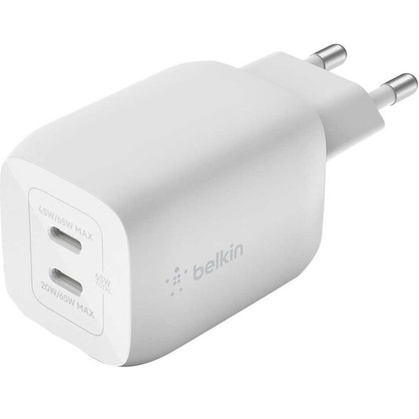 Акція на Сетевое зарядное устройство Belkin 65Вт 2хUSB-С GAN PD PPS, white (WCH013VFWH) від MOYO