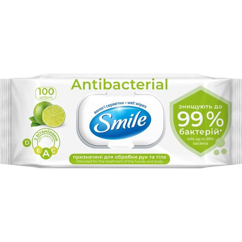 Салфетки влажные Smile Antibacterial с лаймом 100шт фото 1