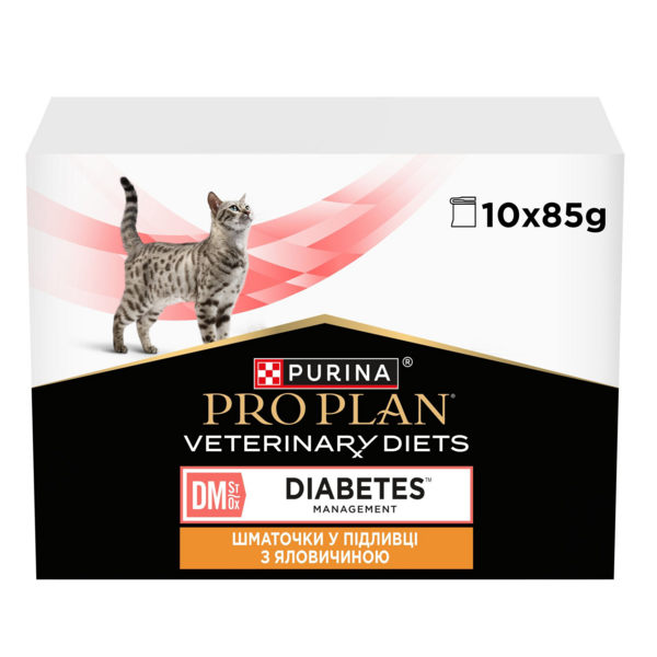 

Упаковка влажного диетического корма для котов Pro Plan Veterinary Diets ST/OX Diabetes Managment с курицей 10*85 г