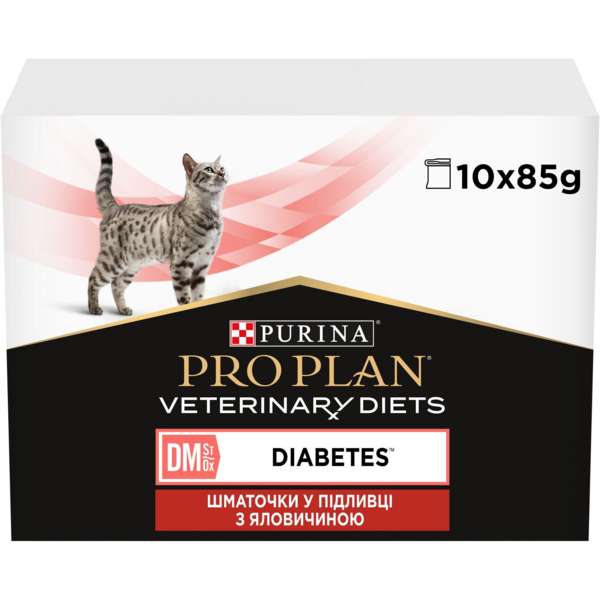 

Упаковка влажного диетического корма для котов Pro Plan Veterinary Diets ST/OX Diabetes Managment с говядиной 10*85 г