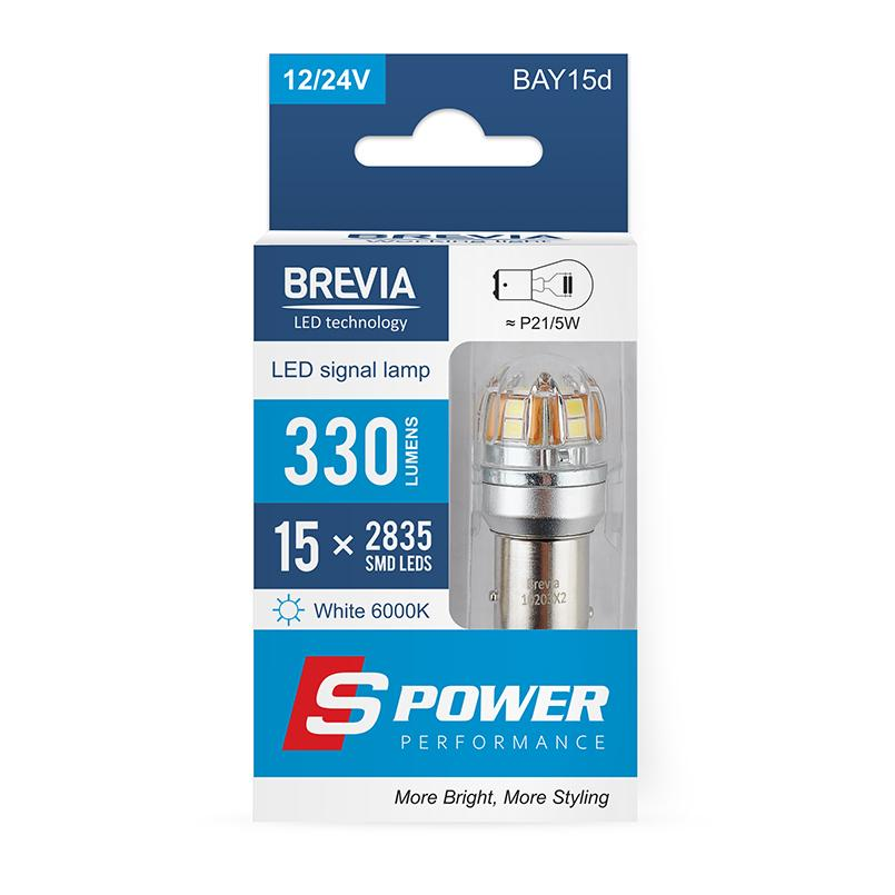 Лампа Brevia LED S-Power P21/5W 330Lm 15x2835SMD 12/24V CANbus 2шт (10203X2) фото 