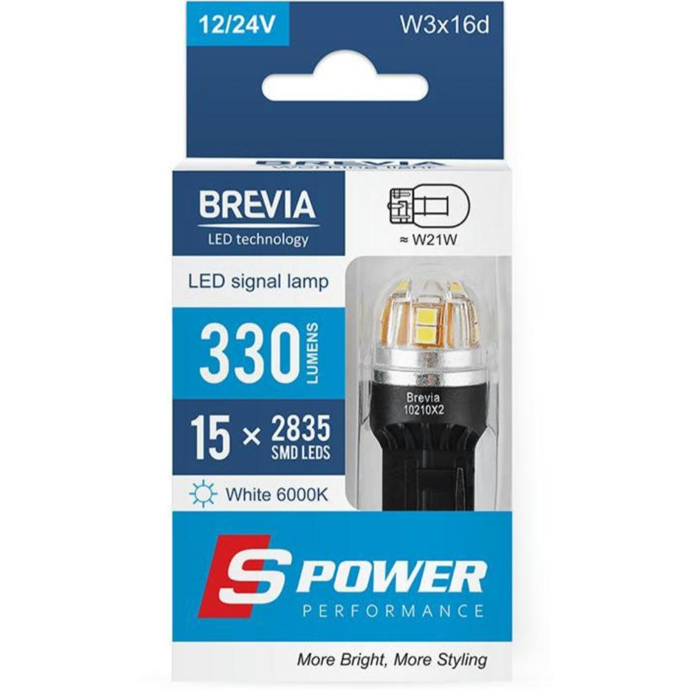 Лампа Brevia LED S-Power W21W 330Lm 15x2835SMD 12/24V CANbus 2шт (10210X2) фото 1