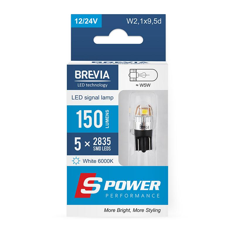 Лампа Brevia LED S-Power W5W 150Lm 5x2835SMD 12/24V CANbus 2шт (10208X2) фото 