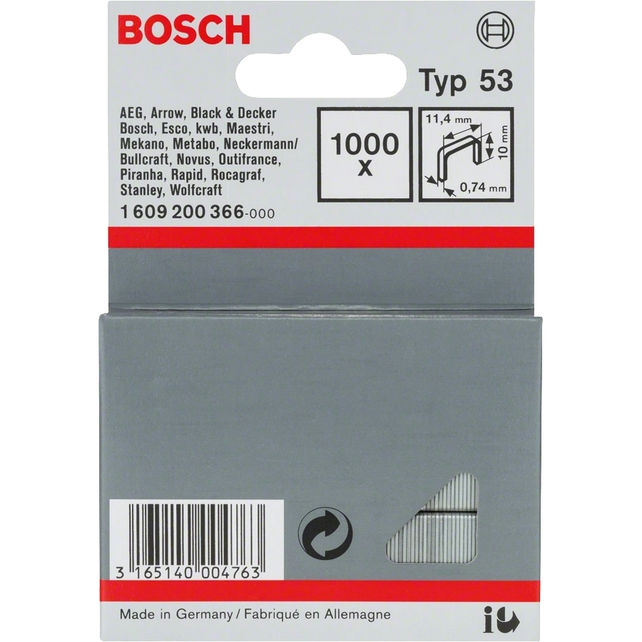 Скобы Bosch тип 53, 10х11,4х0,74 мм, 1000шт (1.609.200.366) фото 