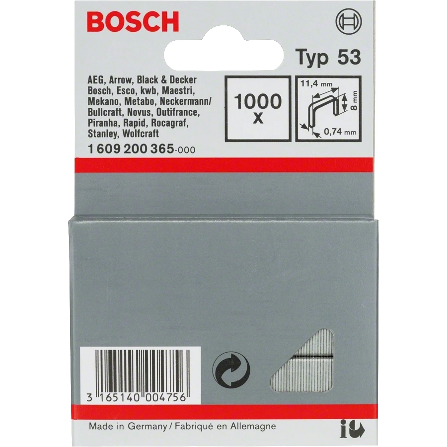 Скобы металлические Bosch тип 53, 8х11.4х0.74мм, 1000шт (1.609.200.365) фото 