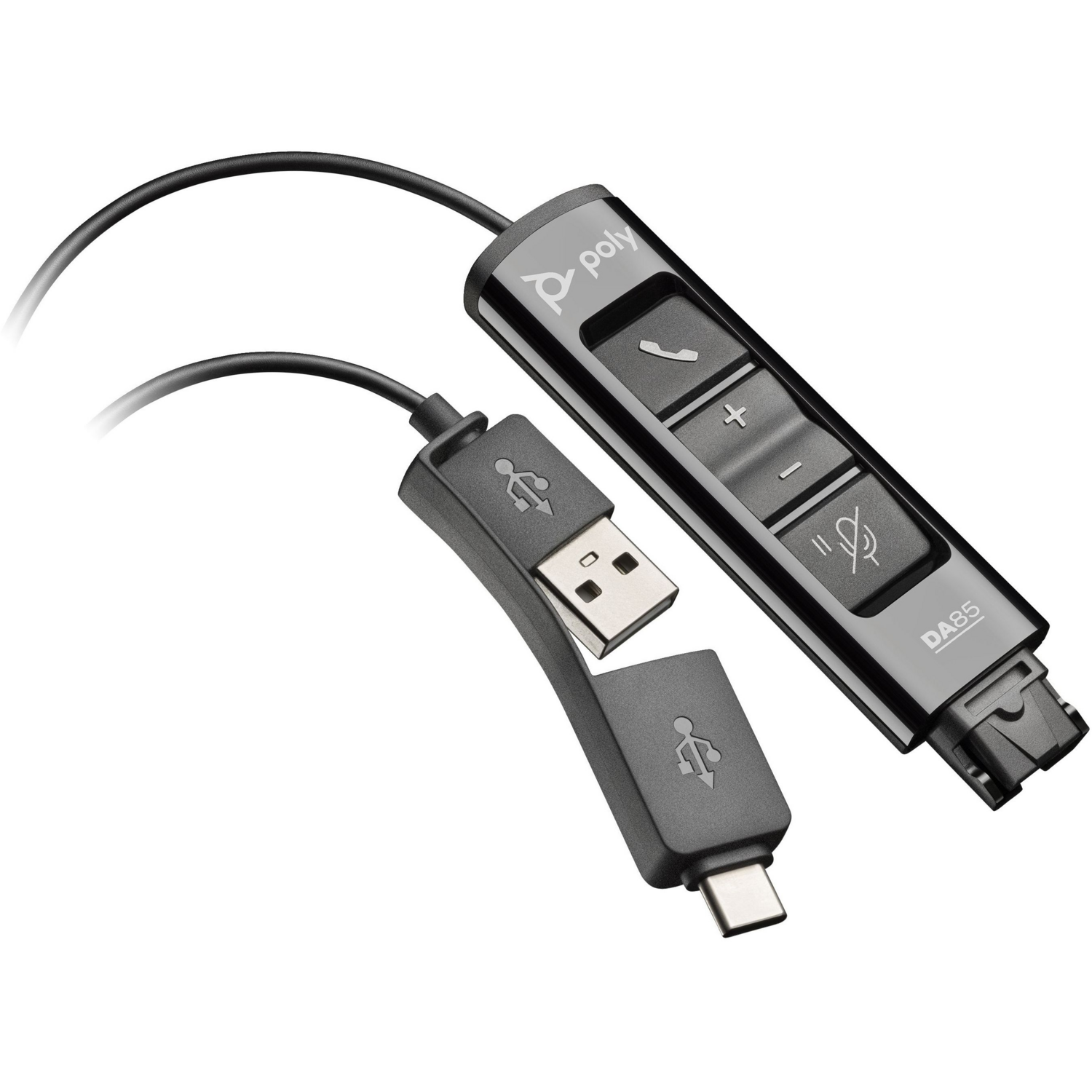 Переходник Poly DA85 USB &gt; QD со встроенным пультом управления для гарнитур EncorePro, USB-A, USB-C, черный фото 
