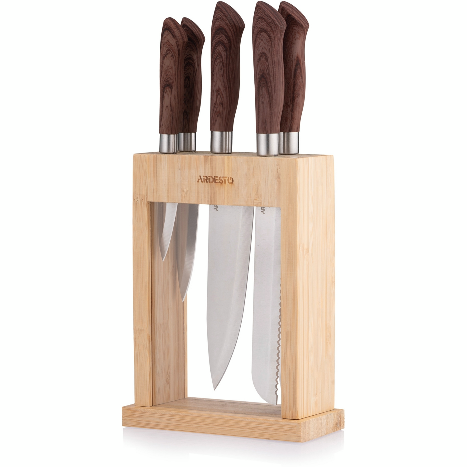 Набір ножів із блоком Ardesto Midori, 6 предметів, нержавіюча сталь, пластик, бамбук, коричневийфото