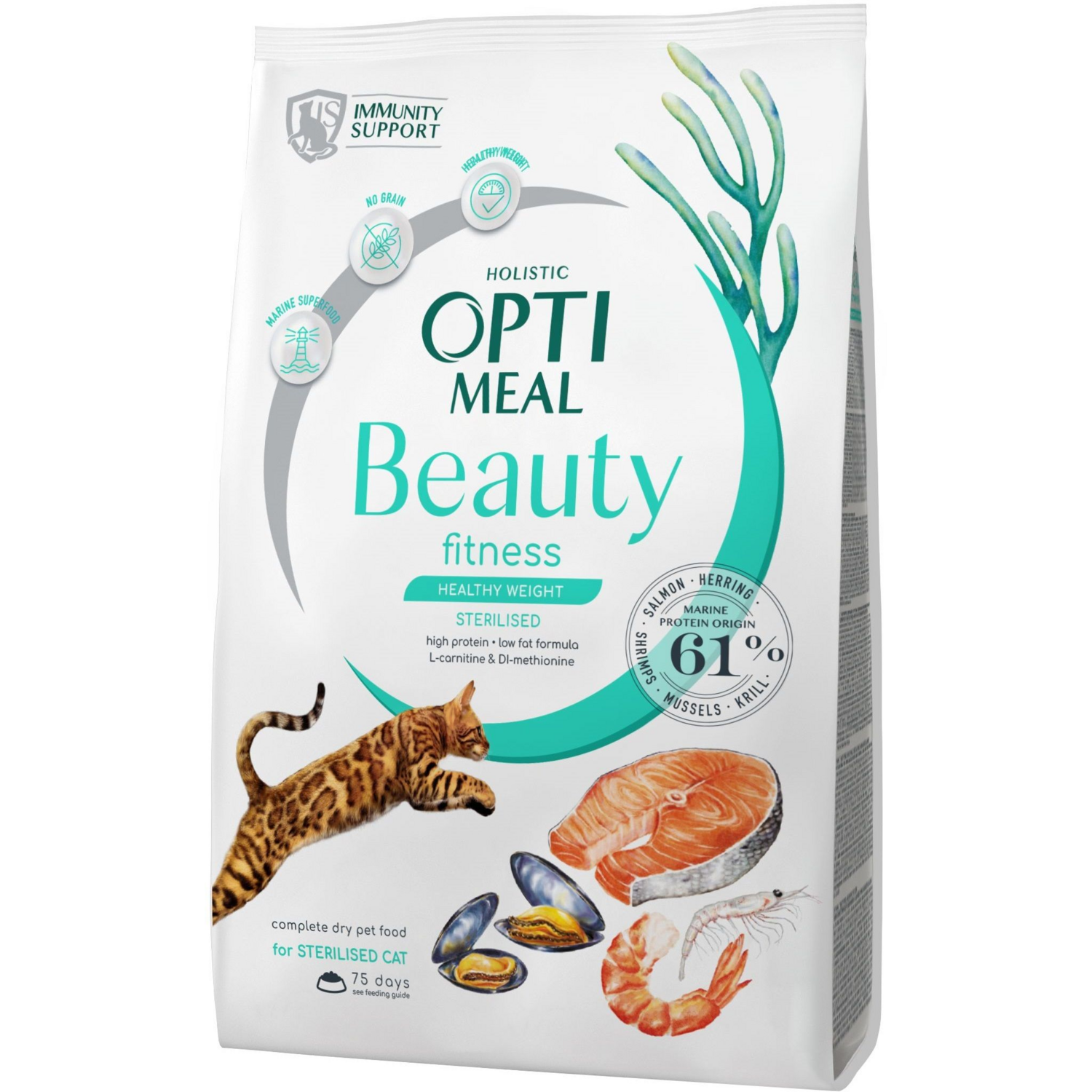 Сухой беззерновой корм Optimeal Beauty Fitness для стерилизованных кошек з морепродуктами 1.5 кг (B1802401)фото