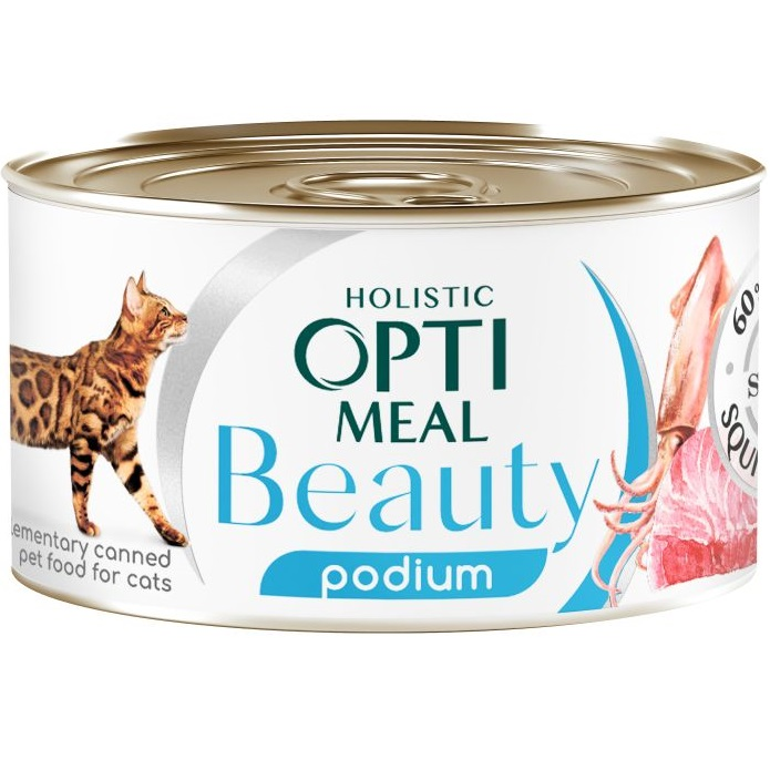 Вологий корм Optimeal Beauty Podium для кішок зі смугастим тунцем та кільцями кальмарів у соусі 70г (b2782201)фото