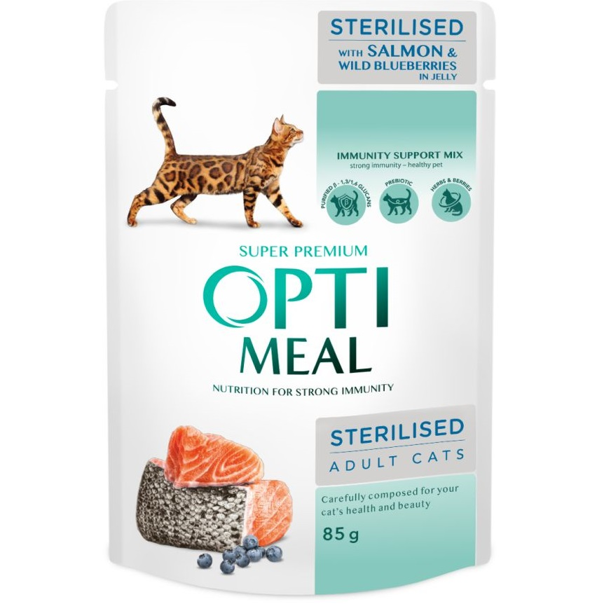 Вологий корм Optimeal для стерилізованих кішок з лососем та чорницею в желе 85г (b2712102)фото