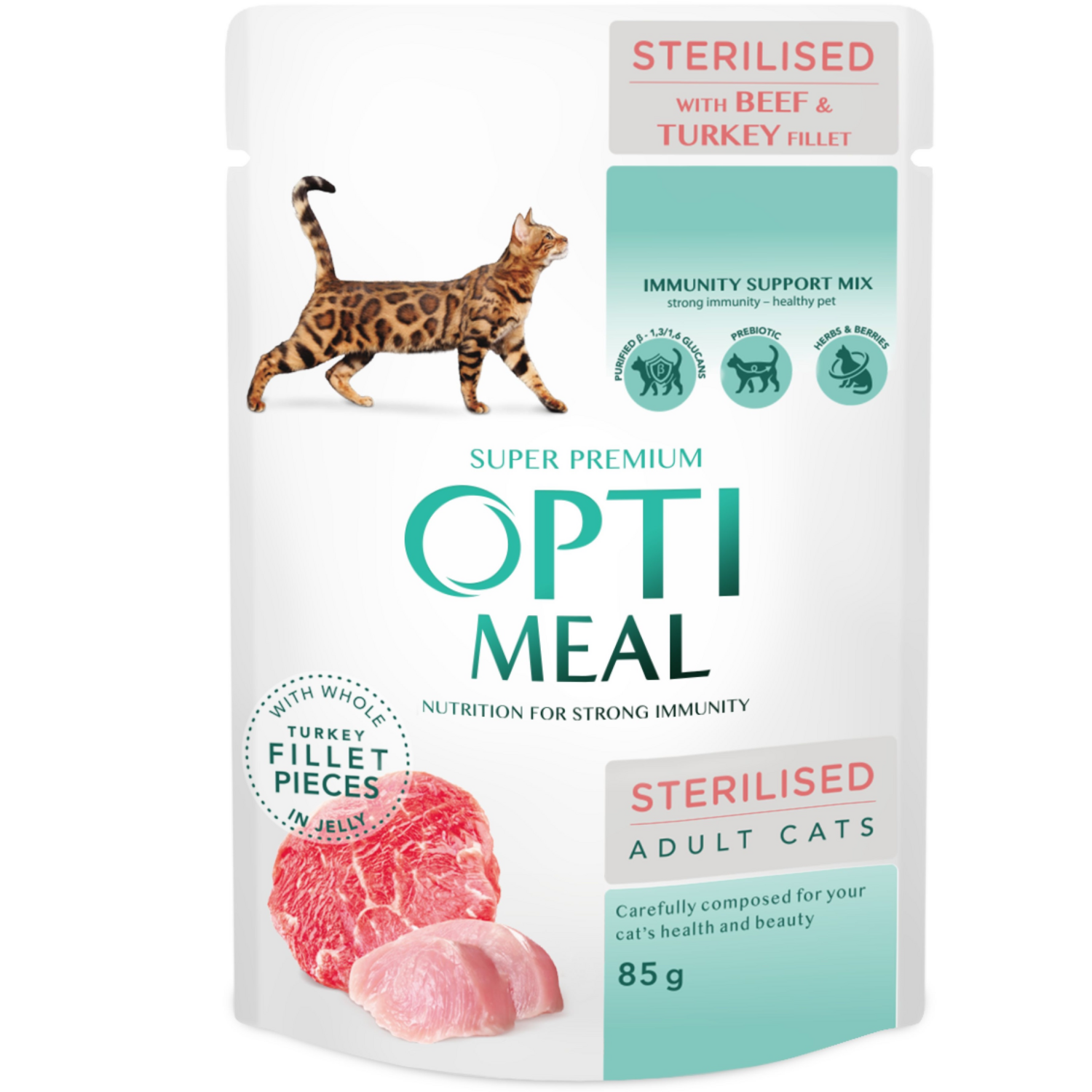 Вологий корм Optimeal для стерилізованих кішок з яловичиною та індичиним філе в желе 85г (b2712002)фото