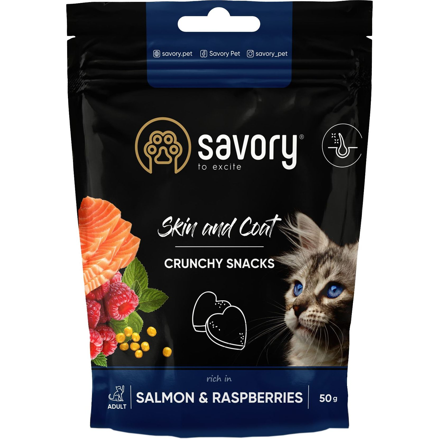 Хрусткі ласощі Savory для здоров'я шкіри та шерсті, лосось та малина 50 гфото1