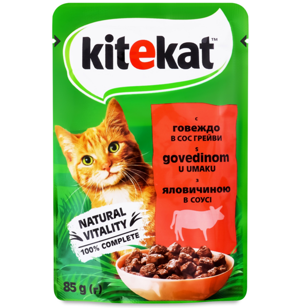 

Влажный корм для взрослых кошек Kitekat с говядиной в соусе 85г