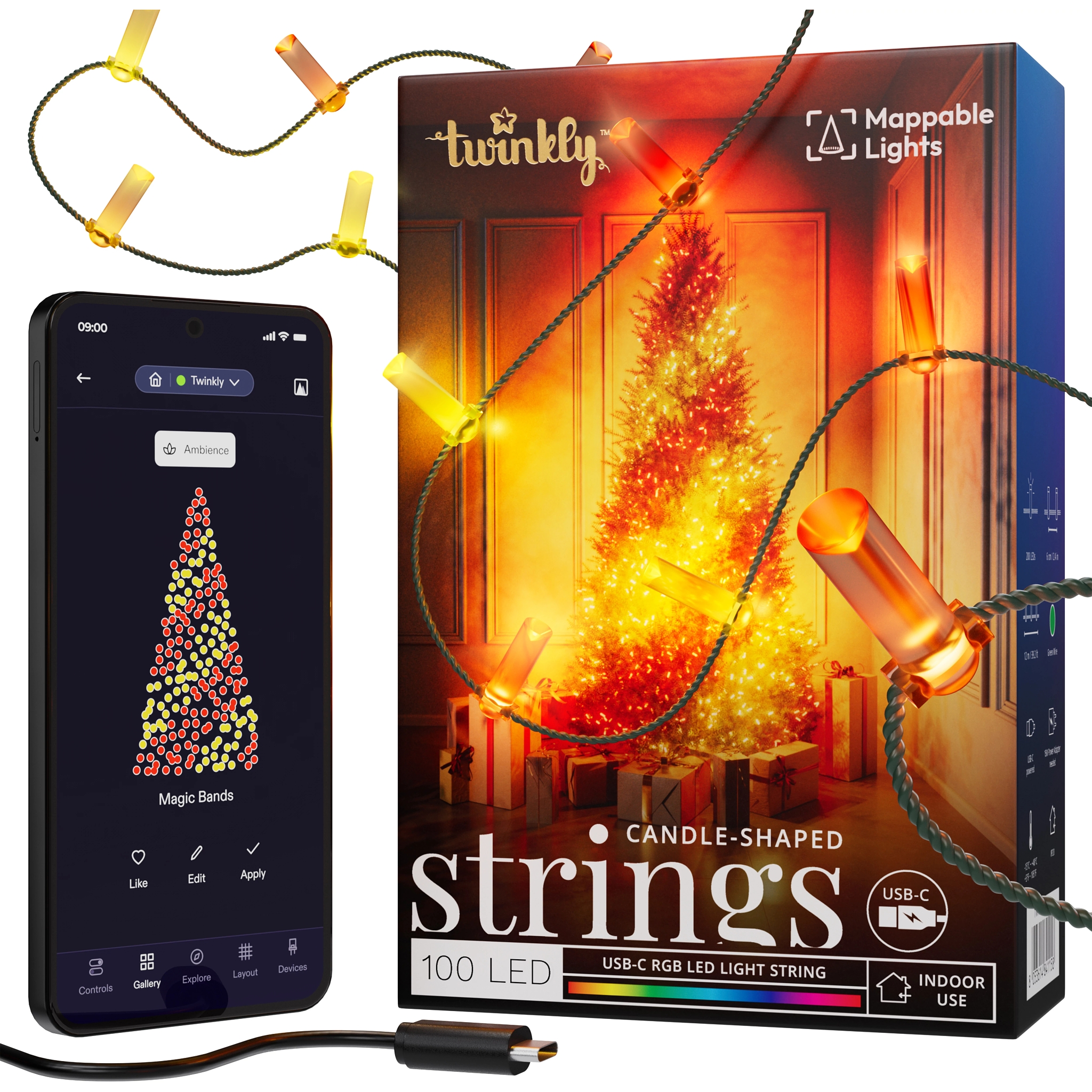 Smart LED Гирлянда Twinkly Strings USB 100 Candle-shaped RGB LEDs, Green Wire, USB-C (TWKC100RGB-G) фото 1