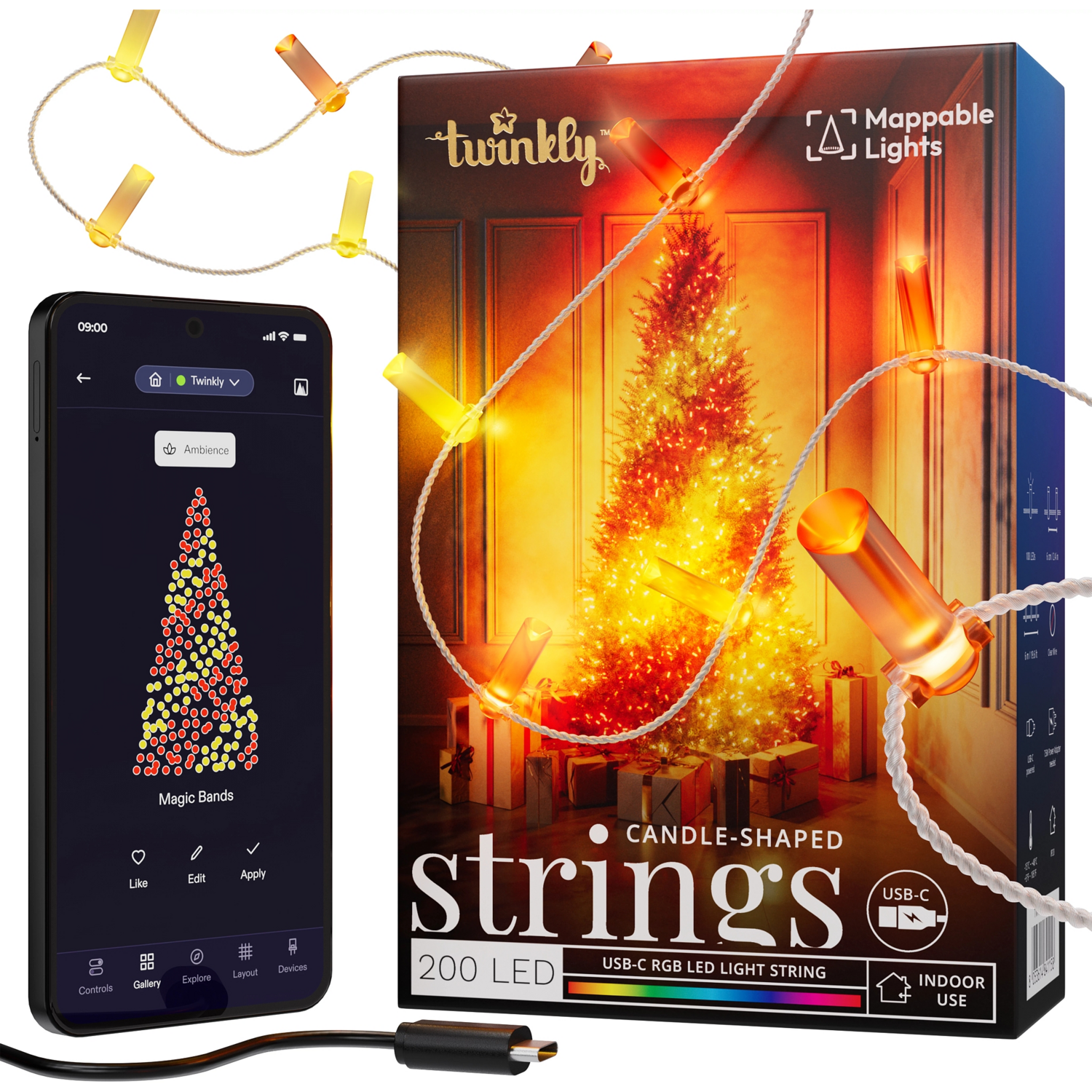 Smart LED Гирлянда Twinkly Strings USB 200 Candle-shaped RGB LEDs, Clear Wire, USB-C (TWKC200RGB-T)