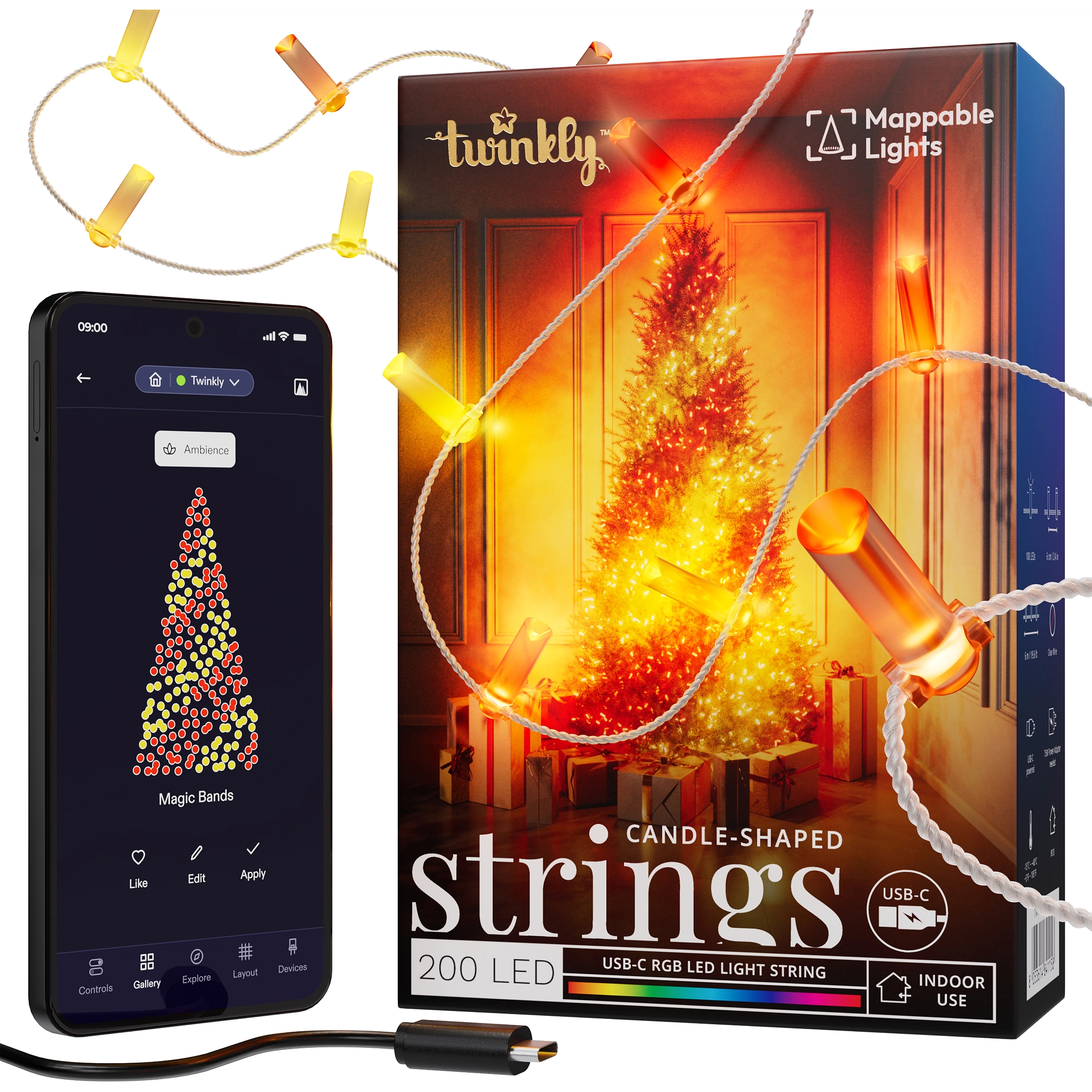 Smart LED Гирлянда Twinkly Strings USB 200 Candle-shaped RGB LEDs, Clear Wire, USB-C (TWKC200RGB-T) фото 1