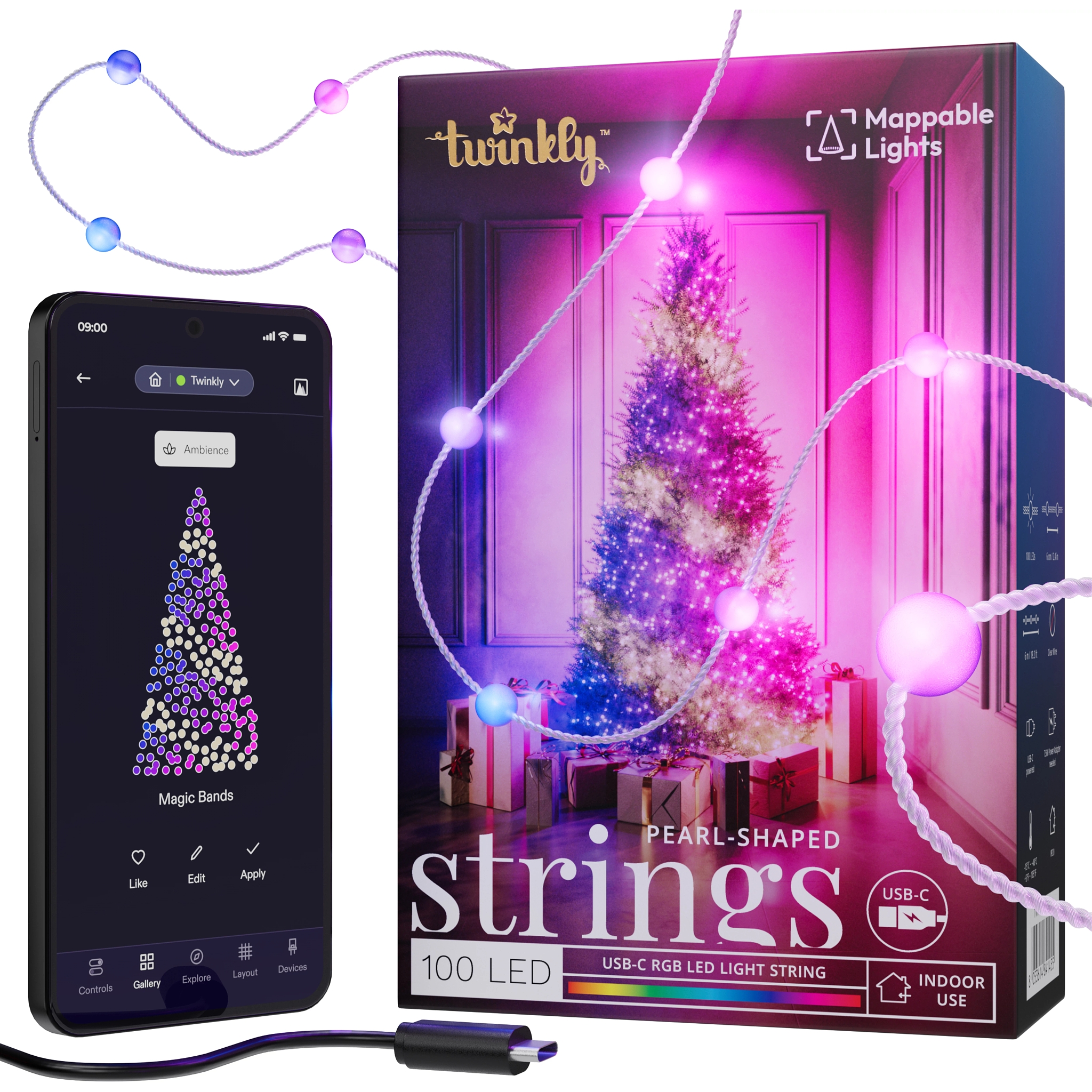 Smart LED Гирлянда Twinkly Strings USB 100 Pearl-shaped RGB LEDs, Clear Wire, USB-C (TWKP100RGB-T) фото 1