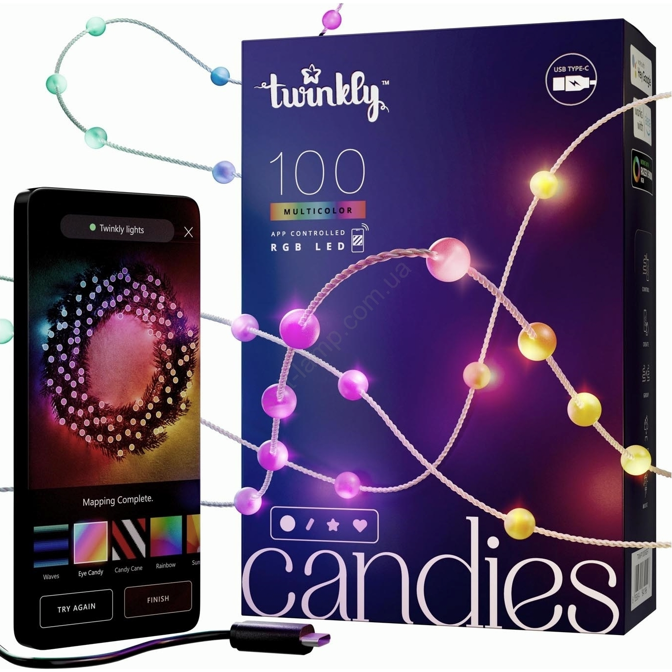 Smart LED Гірлянда Twinkly Strings USB 100 Pearl-shaped RGB LEDs, Green Wire, USB-C (TWKP100RGB-G)фото1