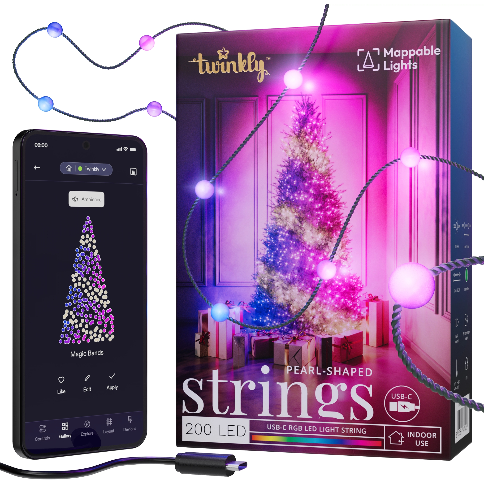 Smart LED Гирлянда Twinkly Strings USB 200 Pearl-shaped RGB LEDs, Green Wire, USB-C (TWKP200RGB-G) фото 1