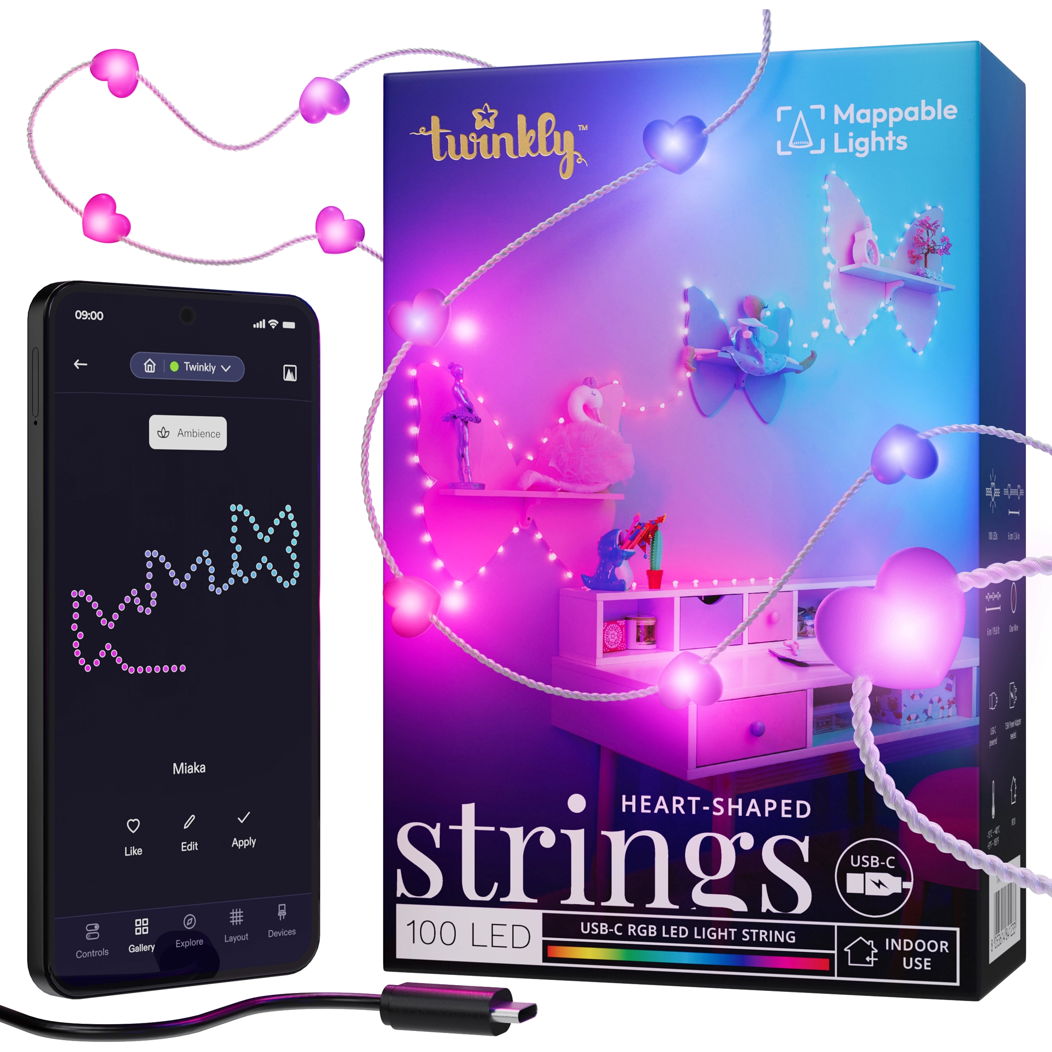 Smart LED Гірлянда Twinkly Strings USB 100 Heart-shaped RGB LEDs, Clear Wire, USB-C (TWKH100RGB-T)фото1