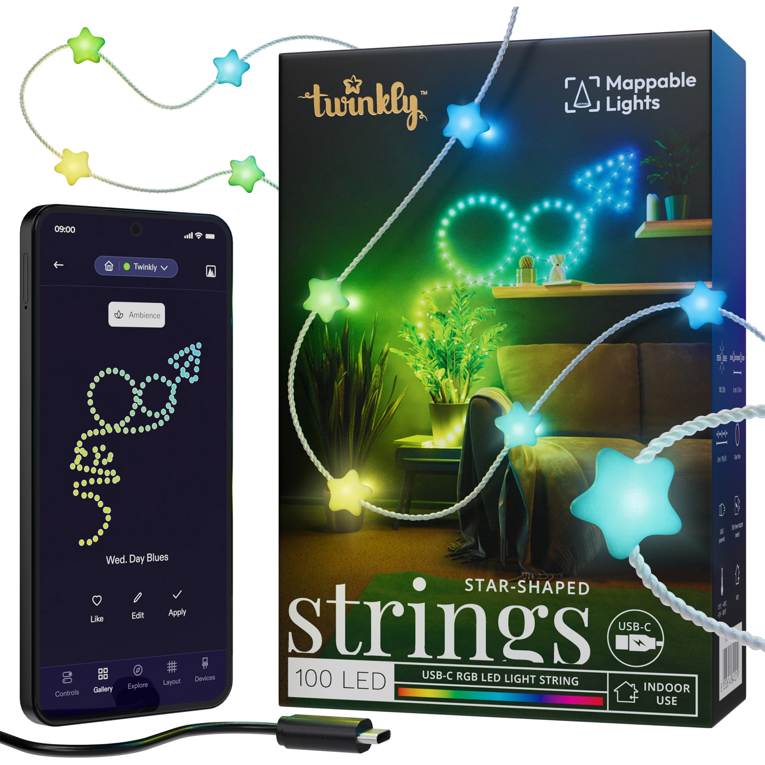 Smart LED Гирлянда Twinkly Strings USB 100 Star-shaped RGB LEDs, Clear Wire, USB-C (TWKS100RGB-T)