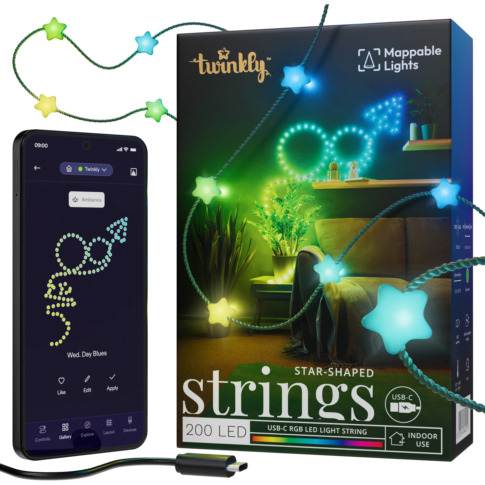 Smart LED Гирлянда Twinkly Strings USB 200 Star-shaped RGB LEDs, Green Wire, USB-C (TWKS200RGB-G) фото 1