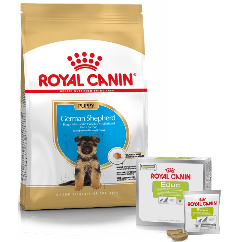 Набор для щенков породы Немецкая овчарка Сухой корм Royal Canin German Shepherd Puppy 12кг + Educ 30шт фото 