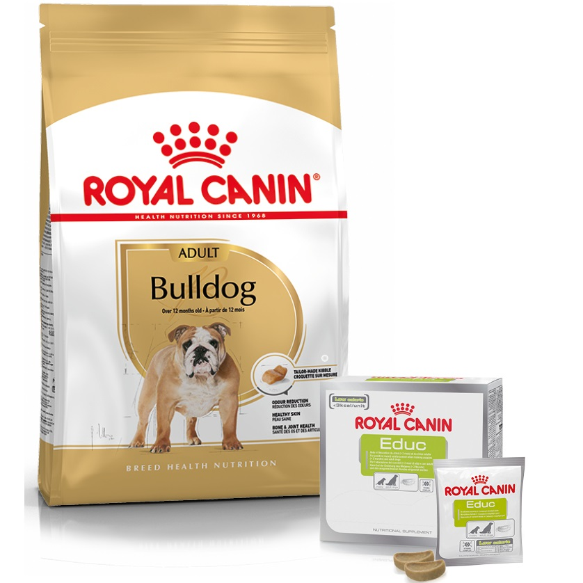 Набір для дорослих собак породи Англійський бульдог Сухий корм Royal Canin Bulldog Adult 12кг + Educ 30штфото