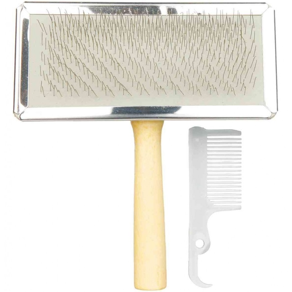 Набор щетка-пуходерка для собак Trixie с деревянной ручкой и пластиковая расческа 11*14 см фото 1