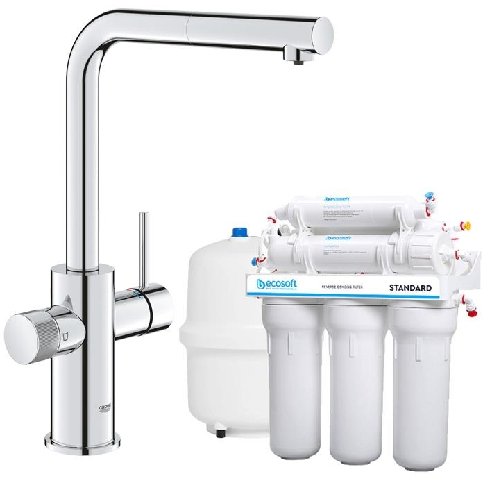 Комплект змішувача для кухні з висувним виливом Grohe Blue Pure Minta з фільтром зворотного осмосу Ecosoft Standard 5-50фото1