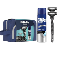 Подарочный набор Бритва Gillette Mach3 Charcoal с 2 сменными картриджами + Гель для бритья 200 мл + Косметичка