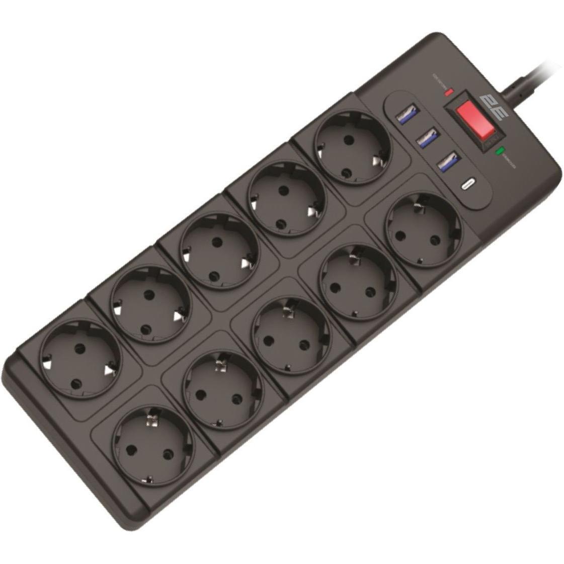 Сетевой удлинитель 2E 10xТип F, 3*1.5мм, 3*USB-A, 1*USB-C (2E-SP10M3USBBK) фото 1