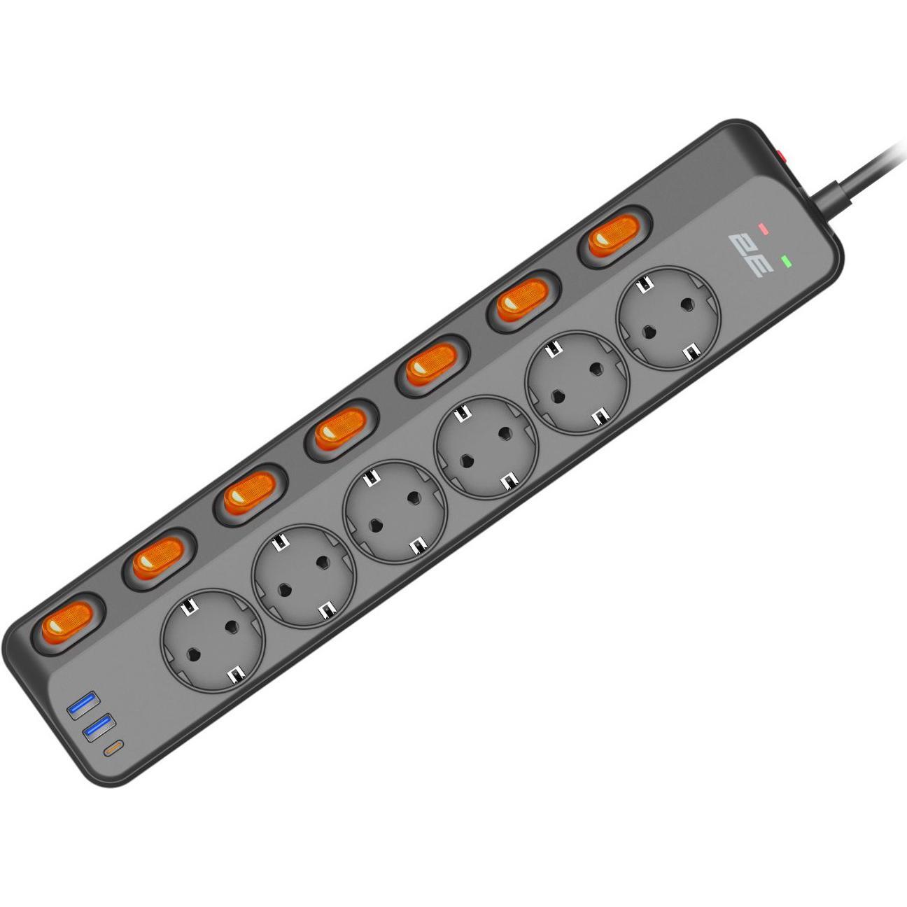 Мережевий подовжувач 2E 6xТип F, 3*1.5мм, 2*USB-A, 1*USB-C (2E-SP6M3SWBK)фото1