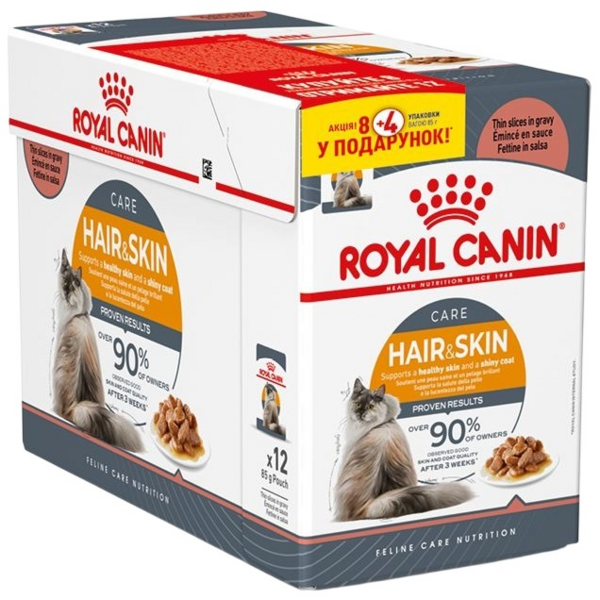 

Влажный корм для котов Royal Canin Hair&Skin Care кусочки в соусе 8 + 4 * 85г