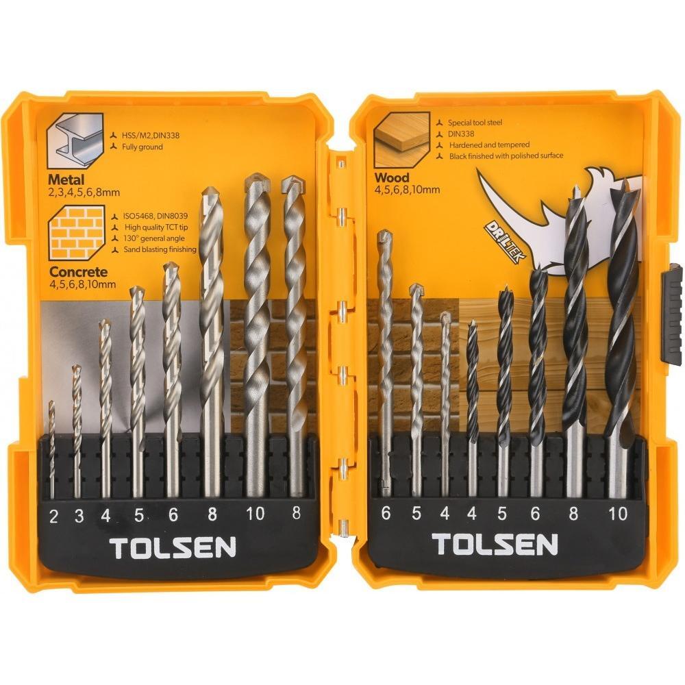 Набор сверл по дереву-металлу-кирпичу Tolsen, 16шт, 2-10мм, кейс (75628) фото 1