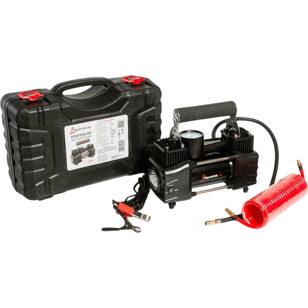 Компрессор автомобильный 2х-поршневой Poputchik 85л/мин 10АТМ, кейс + Набор ремкомплекта для шин (13-015-IS) фото 1
