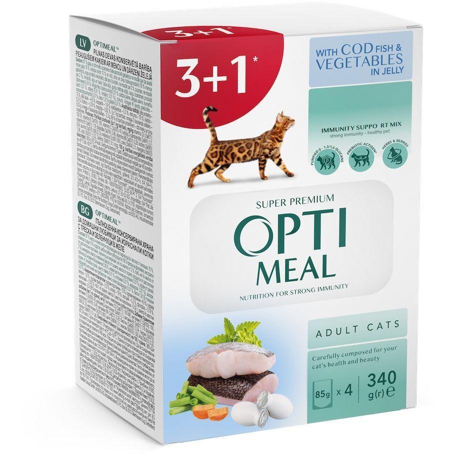 Вологий корм Optimeal для дорослих котів з тріскою та овочами в желе 4*85гфото1