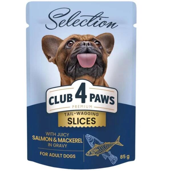 

Влажный корм для собак малых пород Club 4 Paws Premium Plus Selection кусочки с лососем и макрелью в соусе 85г
