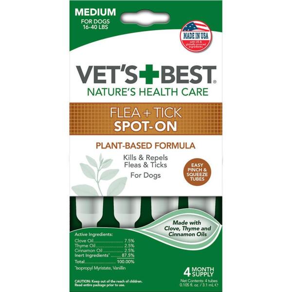 

Капли для собак Vet`s Best Flea&Tick Drops Medium от блох и клещей 4 тубы для собак весом до 7кг до 18кг