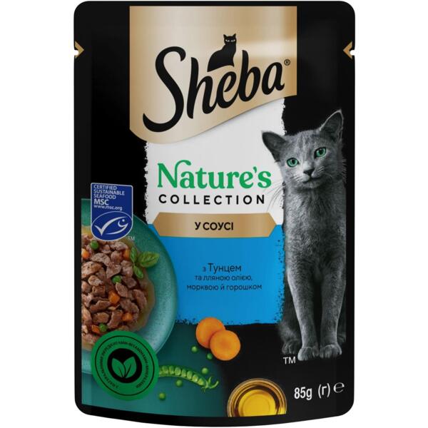 

Влажный корм для котов Sheba Nature`s Collection с тунцом, льняным маслом, морковью и горошком 85г