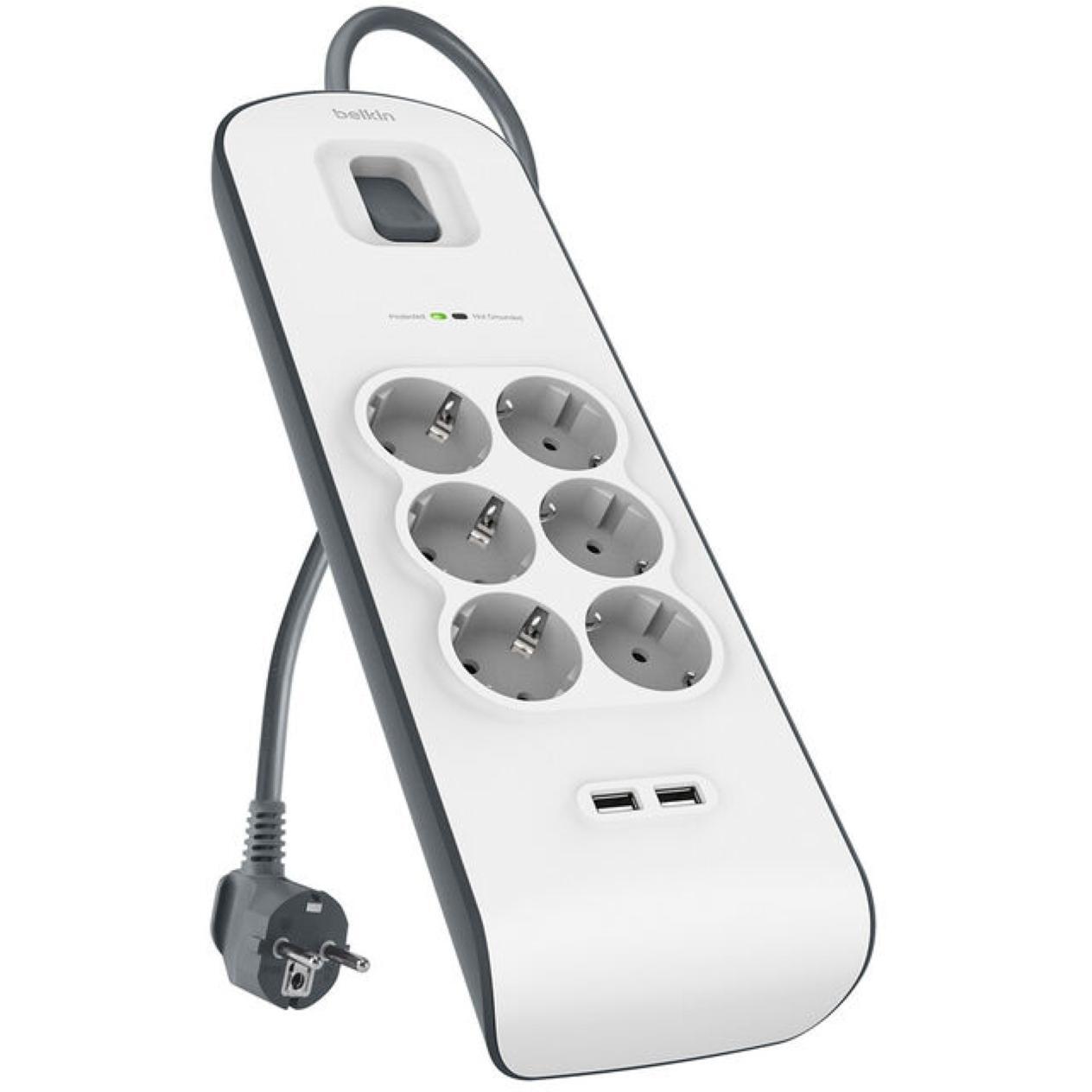 Мережевий фільтр Belkin 6хТип F, 2xUSB-A, 16А, защитой от перенапряжения (BSV604VF2M-V2)фото1
