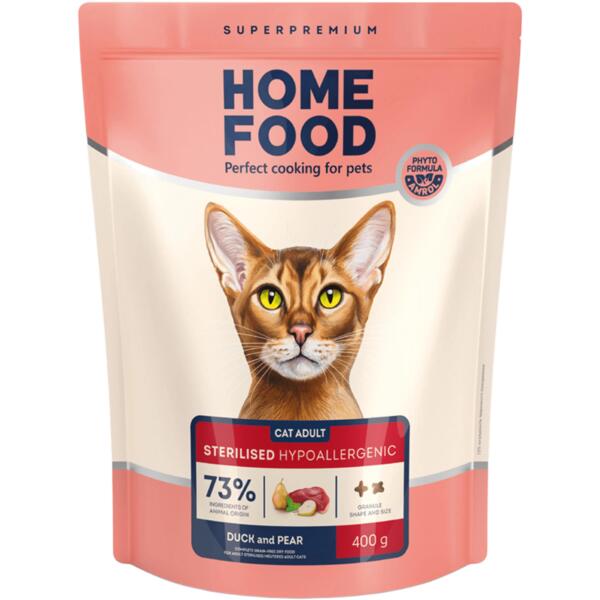 

Сухой корм для взрослых стерилизованных котов HOME FOOD Утка и груша беззерновой гипоаллергенный 400г