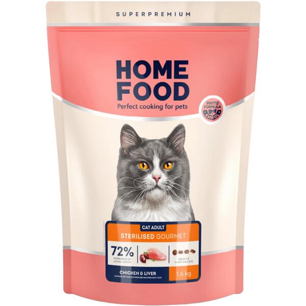 

Сухой корм для требовательных стерилизованных взрослых котов HOME FOOD Gourmet Курица и печень 1,6 кг