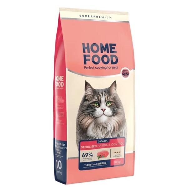Сухой корм для стерилизованных взрослых котов HOME FOOD Индейка и ягоды для выведения шерсти из желудка 10кг
